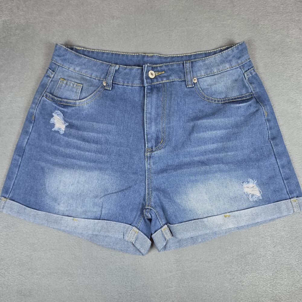 NWOT Women's Distressed Denim Shorts Size M Blue Rolled Cuff High Rise Jean